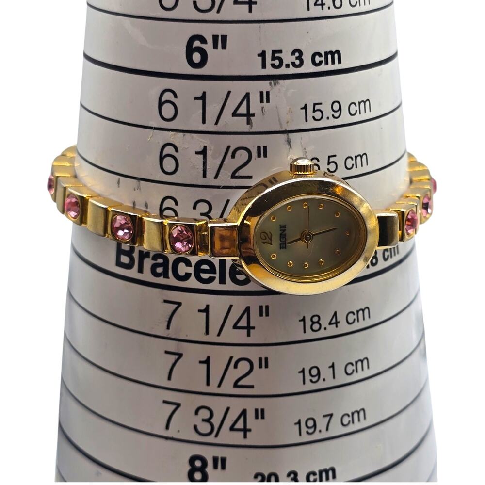 Watch Elgin II Women's Pink Crystal Gold Toned Bracelet Band Analog Oval - Picture 3 of 8